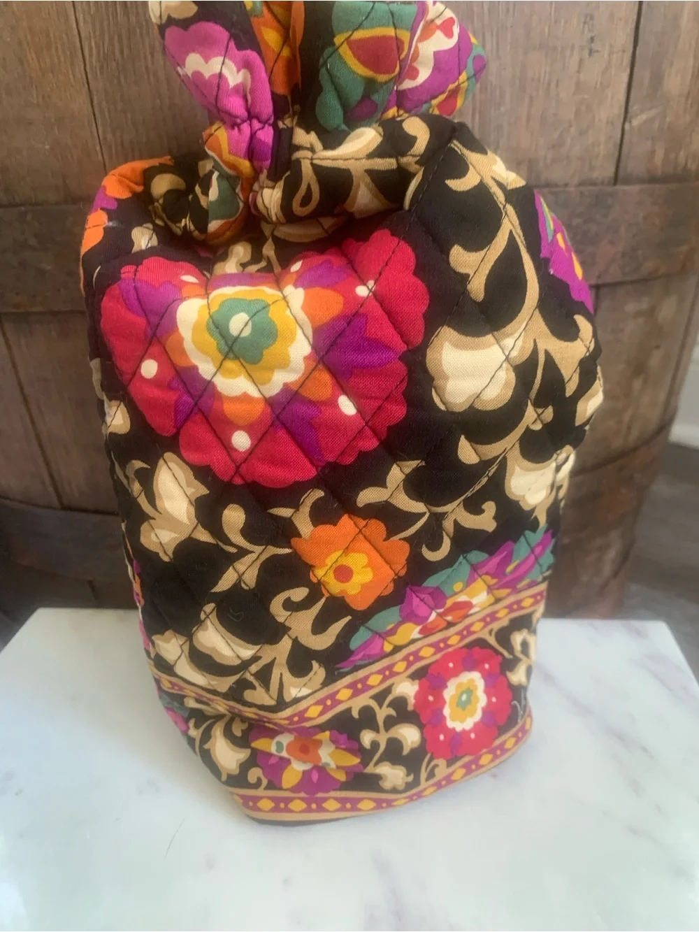 Vera Bradley Boho Black Floral Drawstring Cheers to You Quilted Bottle Bag